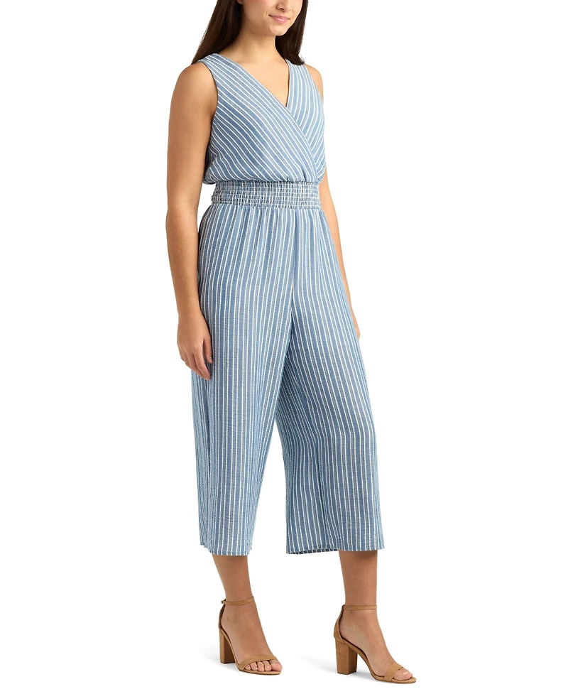 Bcx Juniors' Striped Surplice Sleeveless Smocked Jumpsuit