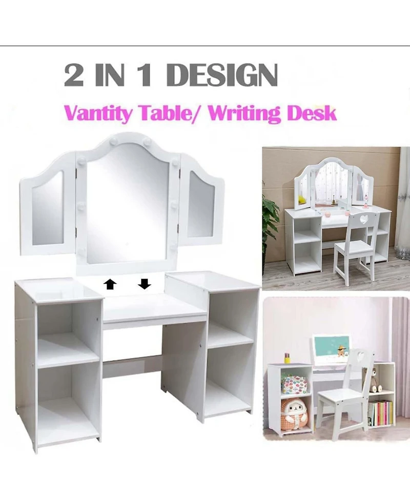 gaomon Kids Vanity with Lights,2 in 1 Princess Makeup Desk & Chair Set, Lighted Mirror, Storage Shelves & Cabinet