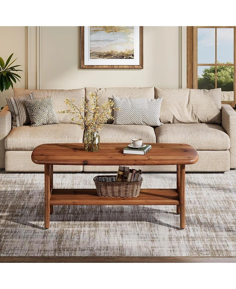 Tribesigns Solid Wood Coffee Table, 47.24” Mid-Century Modern Rectangle Living Room Table, 2-Tier Center Table for Living Room