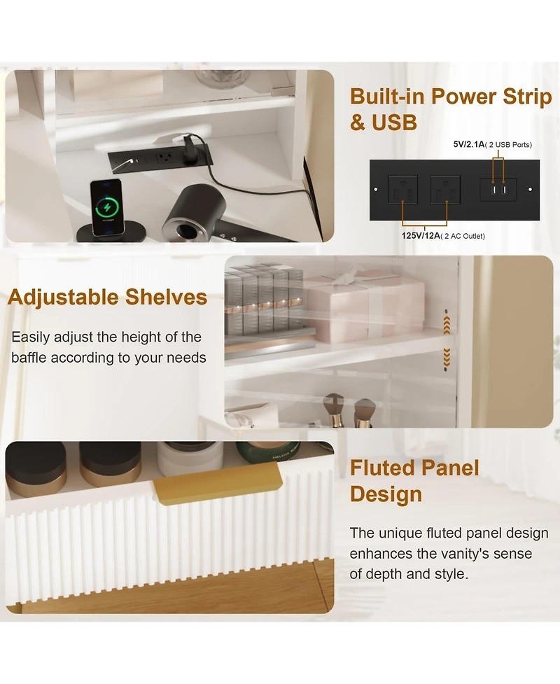 gaomon Fluted Vanity Desk with Mirror and Lights, Makeup Vanity Desk with 5 Drawers & Adjustable Shelves