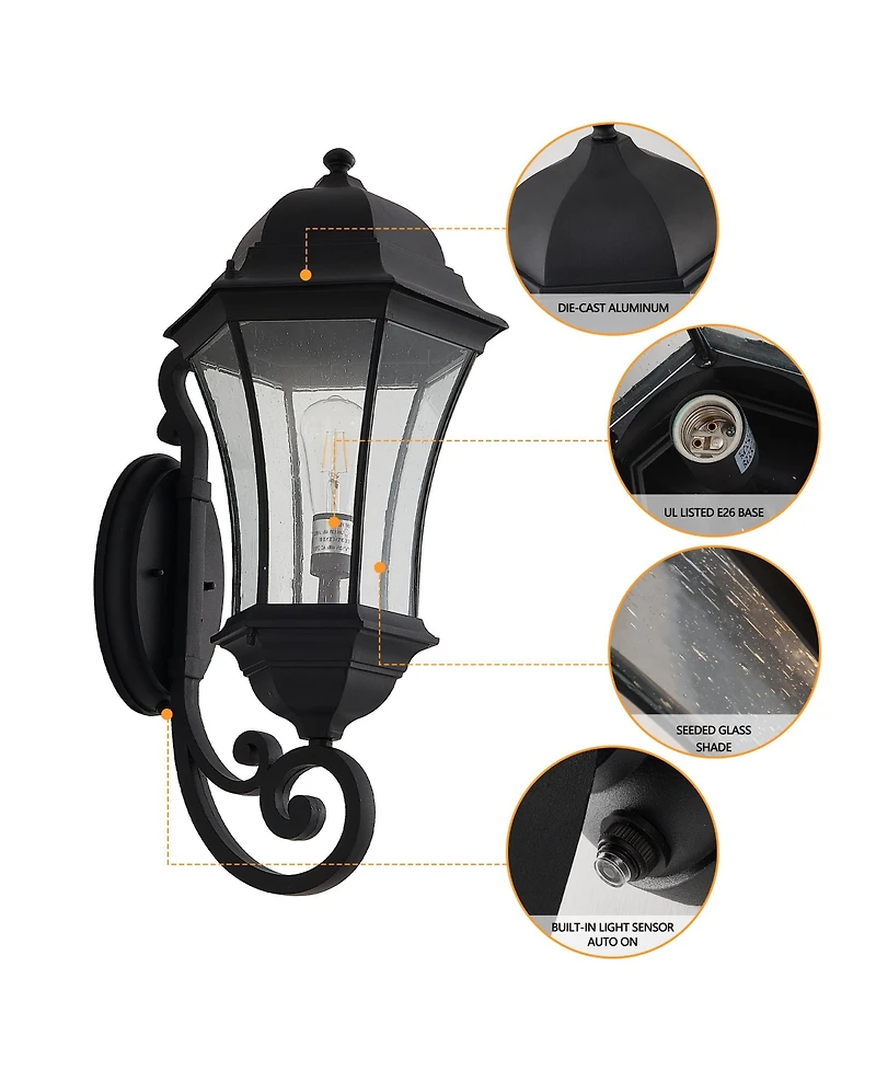 Flynama 27"(H) 1-Pack Outdoor Wall Lantern with Dusk to Dawn Sensor, Black Weatherrproof Exterior Light Fixture with Clear Bubble Glass