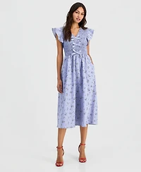 Robbie Bee Women's Printed Smocked Flutter Sleeve Midi Dress