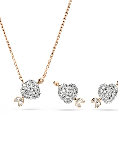 Swarovski Mixed Cuts, Heart with Arrow, White, Rose Gold-Tone Plated Necklace and Earring Set