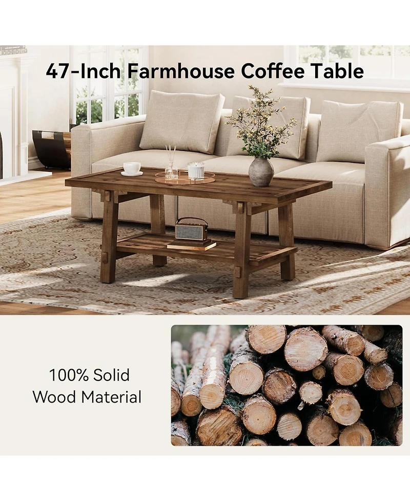 Tribesigns Solid Wood Coffee Table, 47-Inch Rustic Coffee Table for Living Room, 2-Tier Wood Farmhouse Rectangle Center Table with Storage
