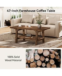Tribesigns Solid Wood Coffee Table, 47-Inch Rustic Coffee Table for Living Room, 2-Tier Wood Farmhouse Rectangle Center Table with Storage