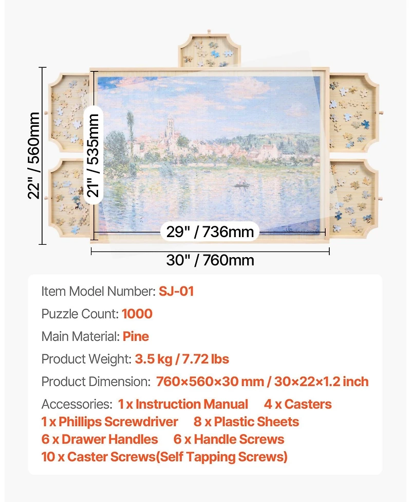 Sugift 1000-Piece Rotating Puzzle Board 29"x21" with Drawers and Cover