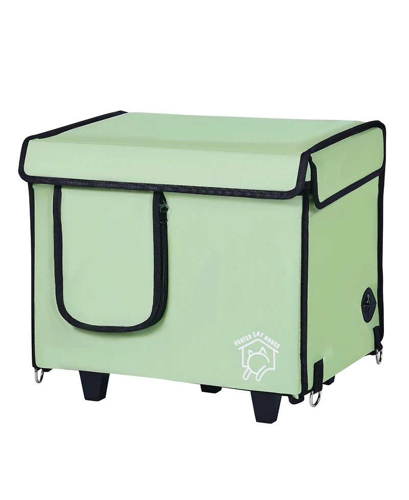 Mecale Elevated Heated Cat House with Timer, Adjustable Temperature, 900D Oxford Cloth Foldable Shelter with Heated Pad, Green, Small