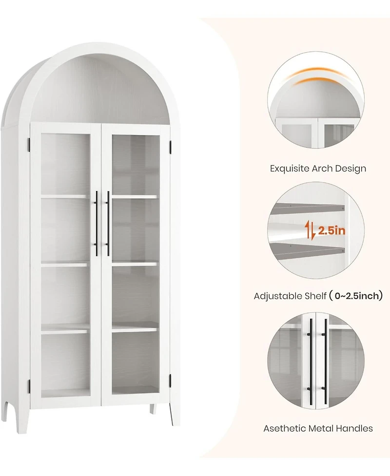 gaomon Arched Kitchen Pantry Cabinet, 5-Tier Open Shelf with Glass Doors, Farmhouse Storage for Kitchen & Dining