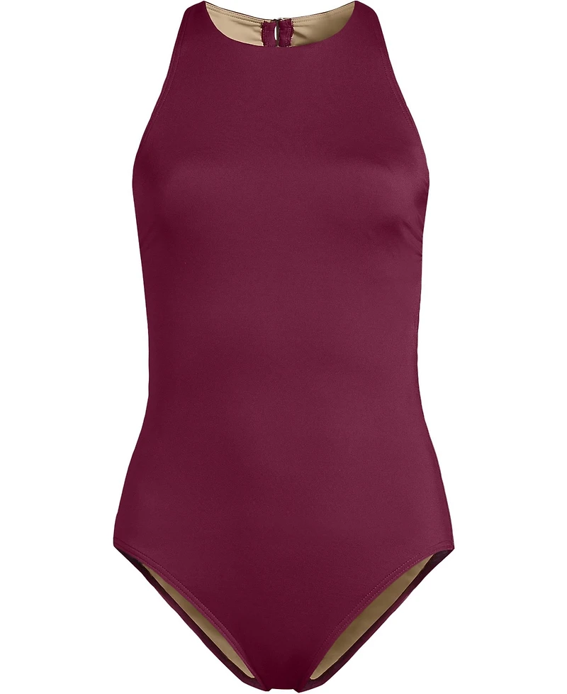 Lands' End Women's Long Torso Tugless High Neck Portrait Back One Piece Swimsuit