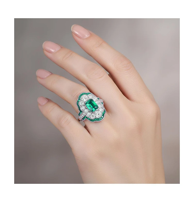 Sterling Silver White Gold Plated Radiant and Baguette Cubic Zirconia Cocktail Ring