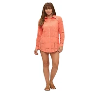 Dotti Women's Eyelet Openwork Dot Long-Sleeve Beach Shirt