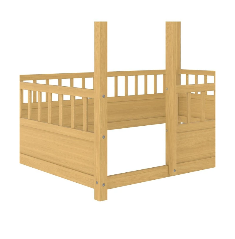 Cesicia Full Wooden Floor Bed with House Roof Frame & Fence Guardrails for Kids