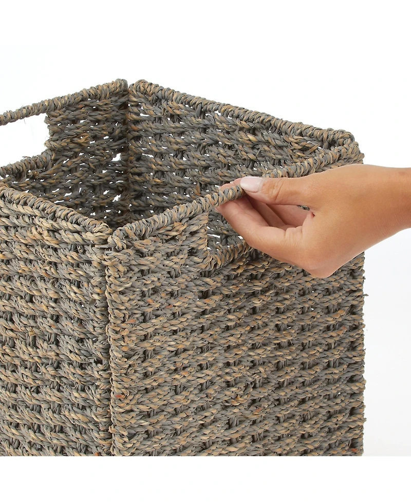 mDesign Seagrass Woven Cube Bin Basket Organizer, Handles, 4 Pack - Gray Wash