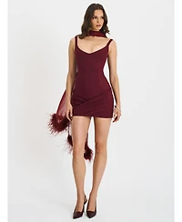 Miss Circle Women's Tori Wine Red Pleated Mini Dress with Chiffon Scarf