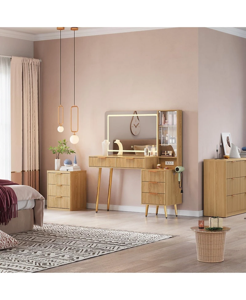 Gaomon 48" Makeup Vanity Desk with Glass Top, Led Mirror & Lights, 5 Drawers, Power Outlet – Modern Fluted Bedroom Design