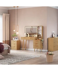 Gaomon 48" Makeup Vanity Desk with Glass Top, Led Mirror & Lights, 5 Drawers, Power Outlet – Modern Fluted Bedroom Design