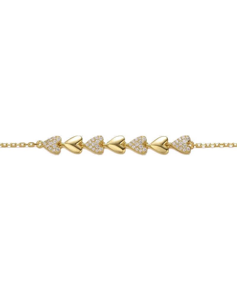 Sterling Silver 14k Yellow Gold Plated with Cubic Zirconia Thin Pave Heart Stampato Link Bracelet