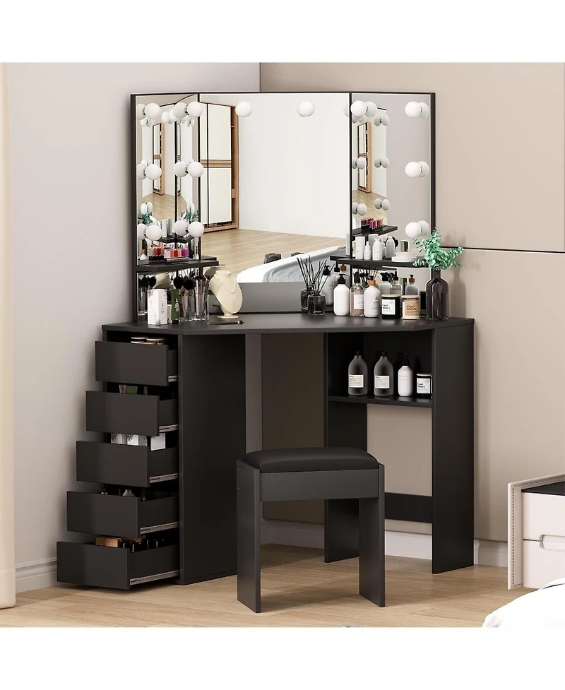 gaomon Corner Vanity and Stool, Desk with Mirror Lights, Makeup Power Outlet
