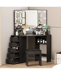 gaomon Corner Vanity and Stool, Desk with Mirror Lights, Makeup Power Outlet