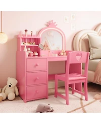gaomon Kids Vanity with Lights – 2-in-1 Princess Makeup Toddler Table Stool & Drawers, Wooden Girls Desk for Pretend Play