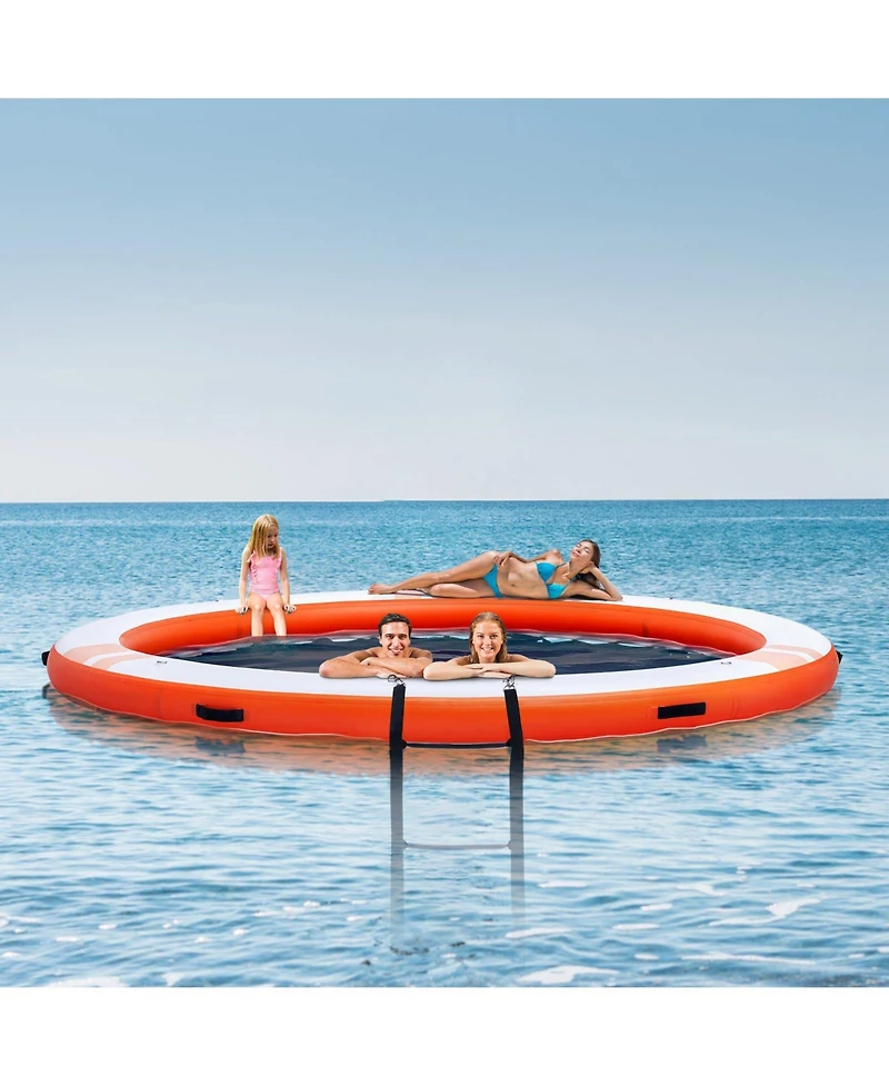 Mecale Inflatable Floating Dock Platform, ø8FT Dock with ø5FT Trampoline Mesh Pool, Non-Slip Water Mat, Portable Bag, Detachable Ladder