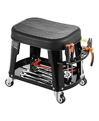 Mecale Mechanic Stool with Wheels, 300 lb Capacity, 360° Swivel Garage Work Stool with Tool Tray & Screwdriver Rack, Heavy-Duty