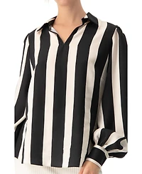 Ivonne Women's Collared Long Sleeve Striped Blouse