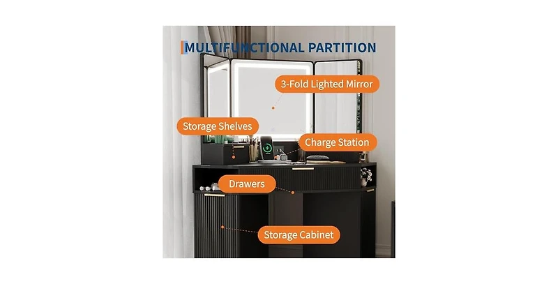 gaomon Lighted Mirror Corner Vanity Desk with Charging Station – Fluted Design, 3 Drawers, Cabinets & Open Shelves