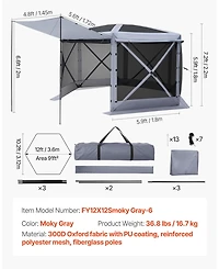 Mecale 12 x 12 ft Pop-Up Gazebo Screen Tent, 6-Sided, Removable Top, Carry Bag, Quick-Set, Bite-Proof, 8-10 Persons, Grey