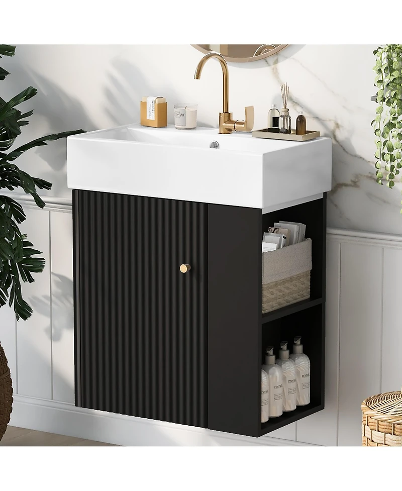 Cesicia 22 in. Modern Floating Bathroom Vanity with Ceramic Basin and Right Side Storage for Small Bathrooms