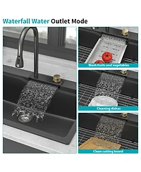 flynama 33x22x10inch Black Composite Granite Quartz Drop In Single Bowl Workstation Waterfall Kitchen Sink with Pull Out Faucet