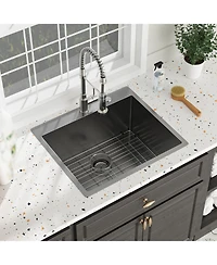flynama 25x22x12inch Gunmetal Black Drop In Laundry Utility Sink 16 Gauge T304 Stainless Steel 12 Inch Deep Single Bowl Above Counter Sink