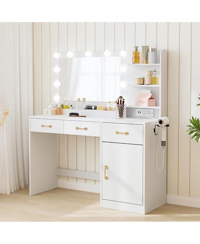 gaomon Makeup Table with Mirror, Led Bulbs and Power Outlet Vanity Desk with 3 Drawers and Storage Shelves Dressing Table for Bedroom Dressing Room
