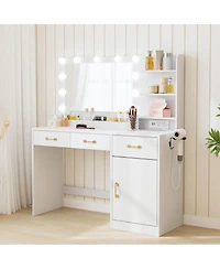gaomon Makeup Table with Mirror, Led Bulbs and Power Outlet Vanity Desk with 3 Drawers and Storage Shelves Dressing Table for Bedroom Dressing Room