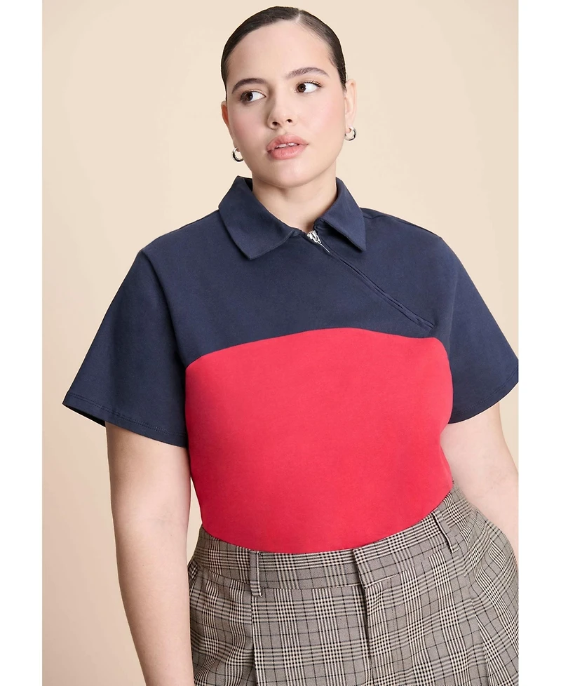 Eloquii Women's Asym Zipper Neck Polo Shirt