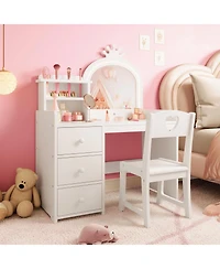 gaomon Kids Vanity with Lights – 2-in-1 Princess Makeup Toddler Table Stool & Drawers, Wooden Girls Desk for Pretend Play