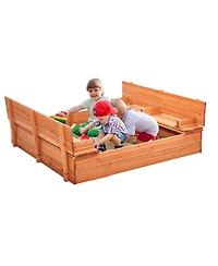 Mecale Wooden Sandbox, 52.4" x 47.2" x 16.9", Foldable Bench Seats & Bottom Liner, Ages 3-12