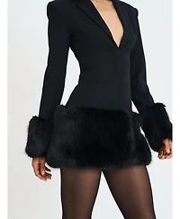 Miss Circle Women Wenona Black Fur Trimmed V-Neck Mini Blazer Dress