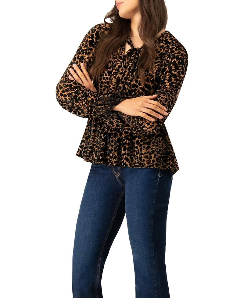 Ivonne V-Neck Animal Print Blouse With Velvet Flock