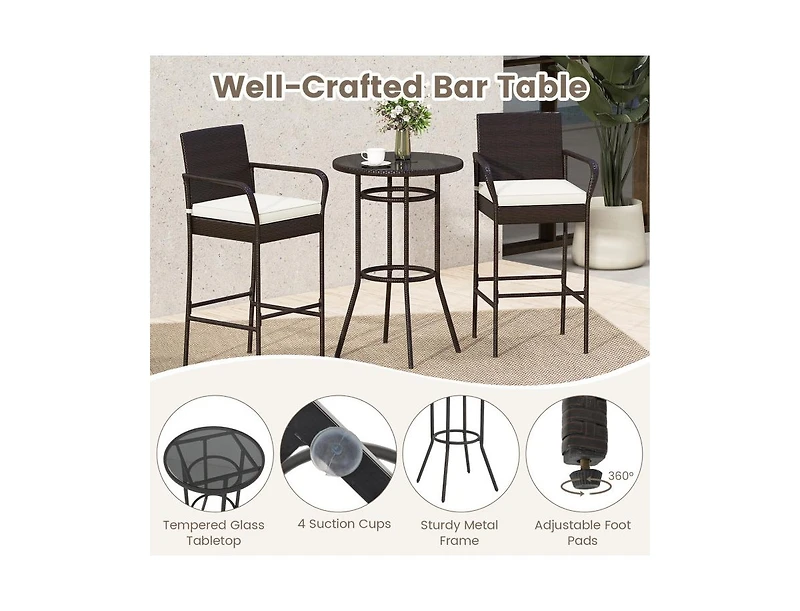 Slickblue Outdoor Rattan Bar Table Set with 2 Cushioned Chairs