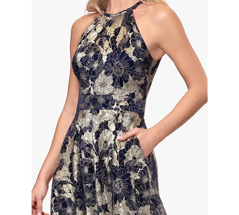 B&A By Betsy and Adam Petite Sleeveless Halter Neck Ball Gown