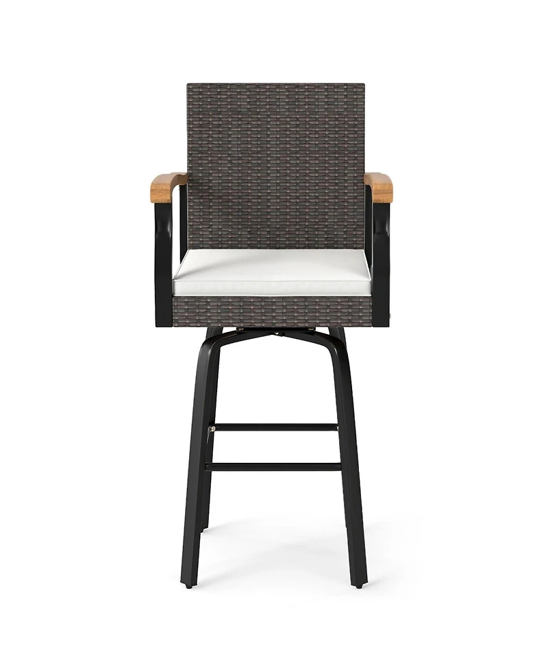 Slickblue Patio Swivel Bar Stool with Acacia Wood Armrests and Cushion