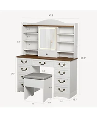 Gaomon 47 Inch Wide 8 Shelves Makeup Vanity Desk and Chair comes Mirror and Lights for Bedrooms, Apartments, Easy to Assemble