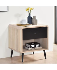 Kings Brand Furniture Nathan Side End Table with Drawer Open Shelf, Bedroom Bedside Nightstand, Oak/Black