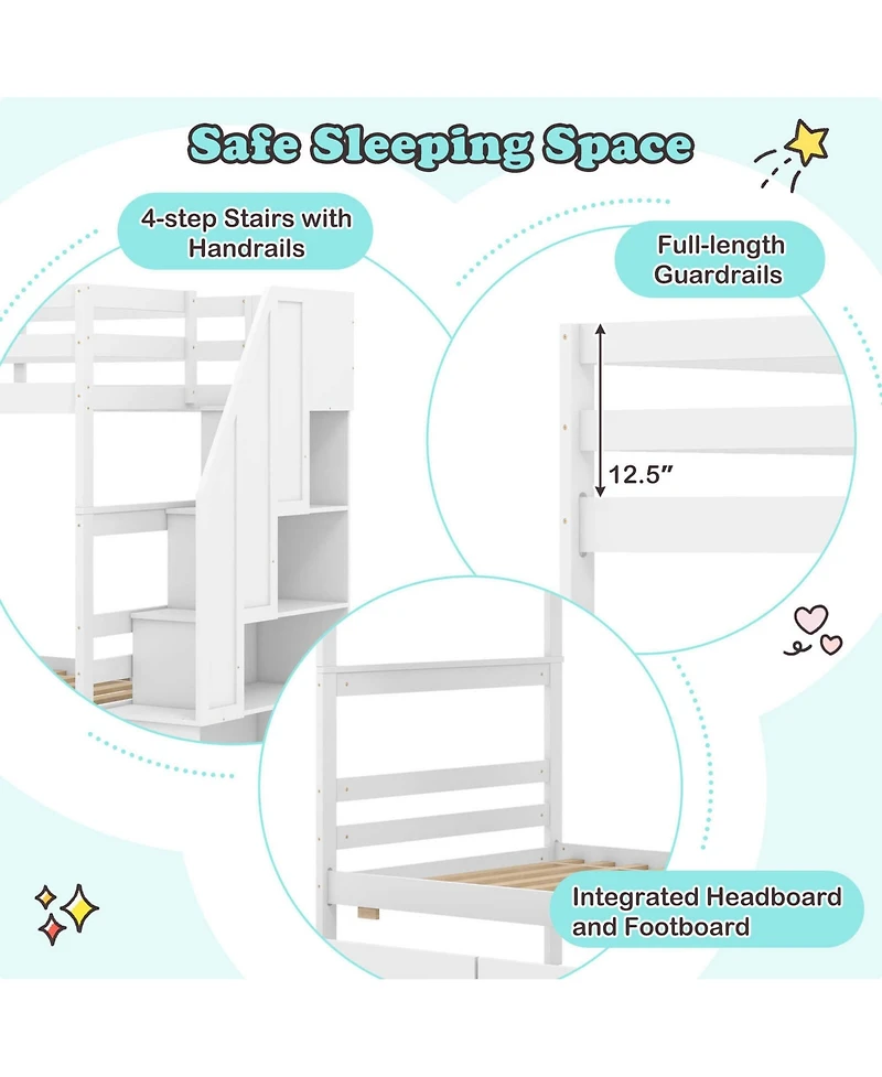 Costway Twin Over Bunk Bed with Storage Stairs & Drawers Full-length Guardrails