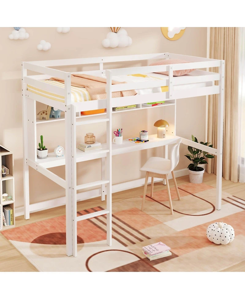 Costway Twin Size Loft Bed with Desk & Shelves Safety Guardrails & Ladder Storage