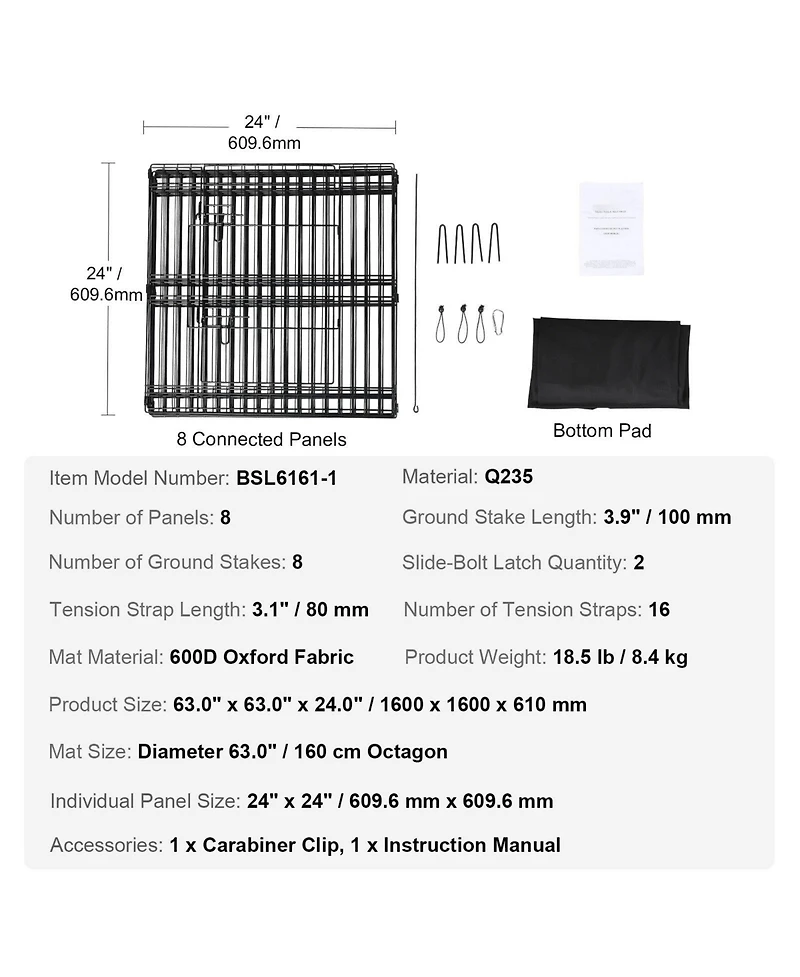 Dog Playpen, 8-Panel Foldable Metal Exercise Pen w/ Bottom Pad, 24 in H, Puppy Fence w/ Ground Stakes, Indoor/Outdoor