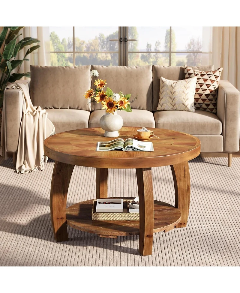 Tribesigns Solid Wood Round Coffee Table, 2-Tier Center Table with Storage, 31.5 Inch Wood Tabletop with Mosaic Pattern, Easy Assembly
