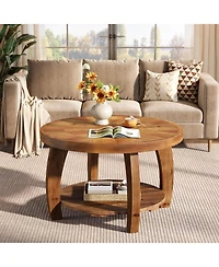 Tribesigns Solid Wood Round Coffee Table, 2-Tier Center Table with Storage, 31.5 Inch Wood Tabletop with Mosaic Pattern, Easy Assembly