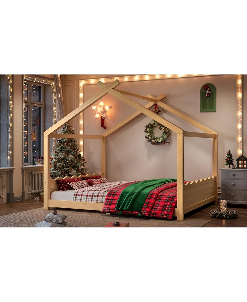 Streamdale Queen House Floor Bed with Solid Wood Frame for Kids, Natural